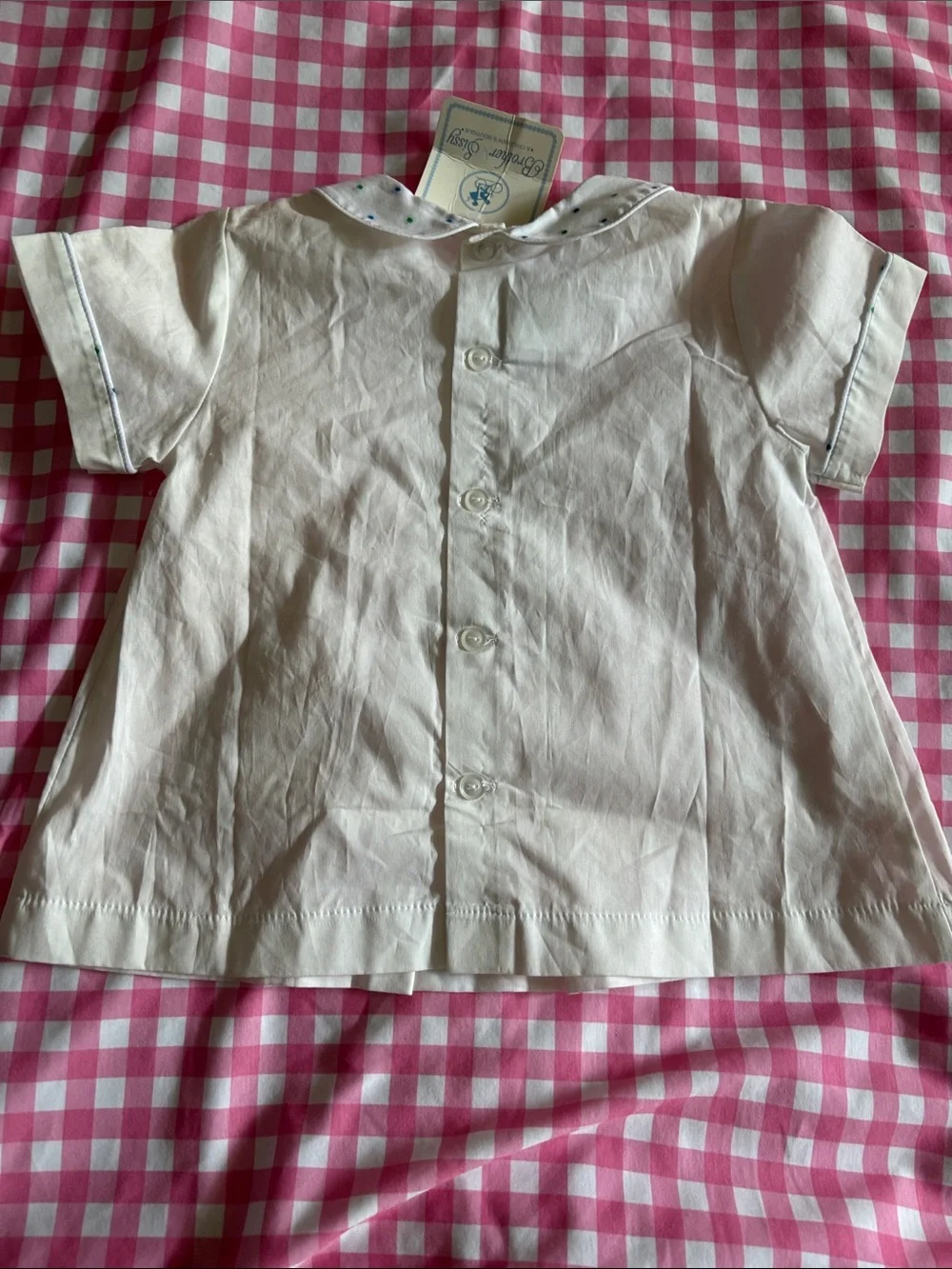 Brother & Sissy 3T White Two-Piece Set with Blue & Green Dot Trim and bloomers.